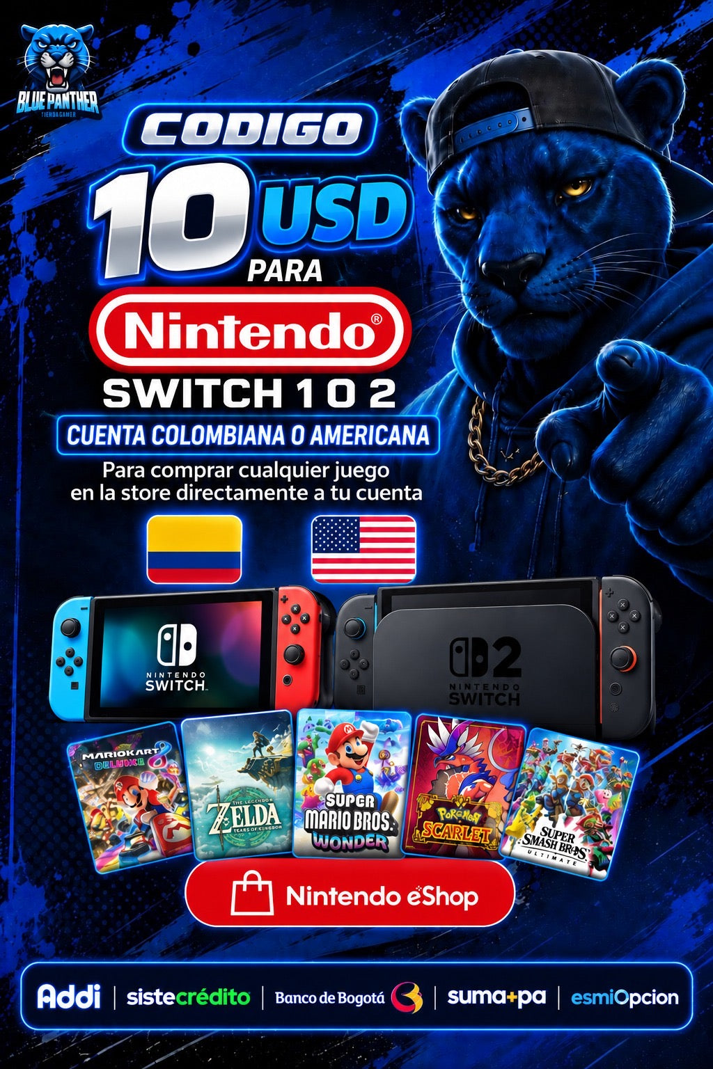 $10 USD – cuenta Nintendo Switch 1 y Switch 2 – Cuenta Colombiana o Americana