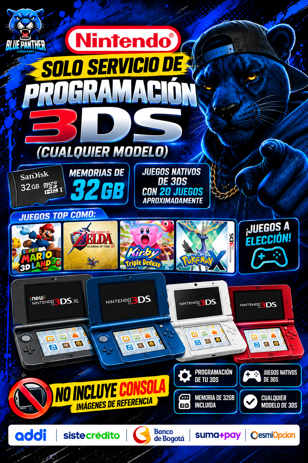 SERVICIO DE PROGRAMACIÓN NINTENDO 3DS | CUALQUIER MODELO | SD 32GB con 20 JUEGOS | NO INCLUYE CONSOLA