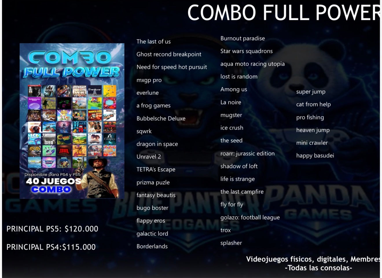 Combo 40 juegos ( Combo Full Power) Digitales PS5- PS4 Desde 115.000 Hasta $120.000