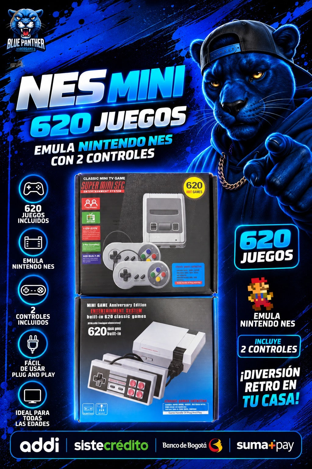NES Mini – 620 Juegos + 2 Controles- emula Nintendo NES