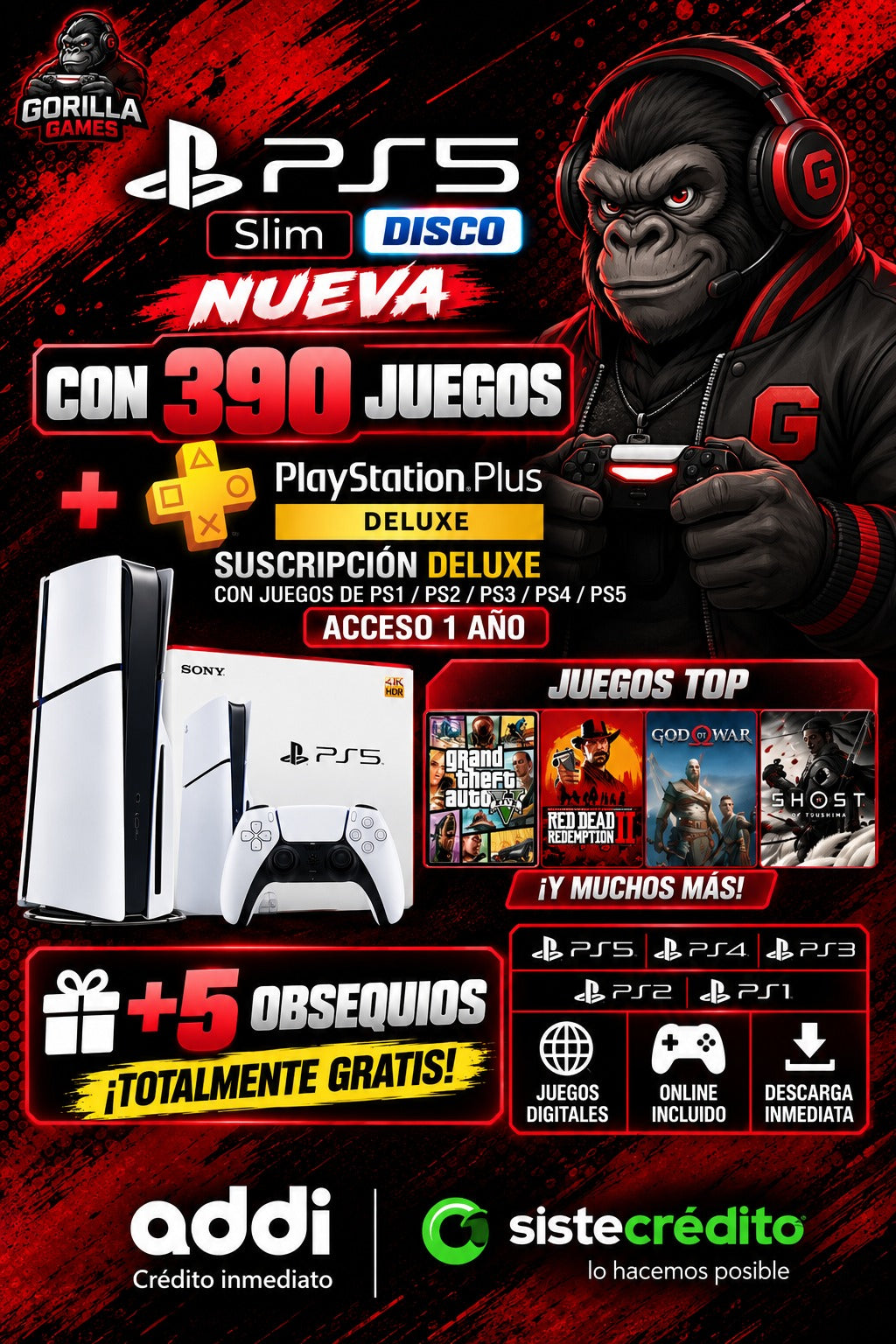 PS5 SLIM DISCO NUEVA + 390 JUEGOS Plus Deluxe 1 AÑO + 5 obsequios