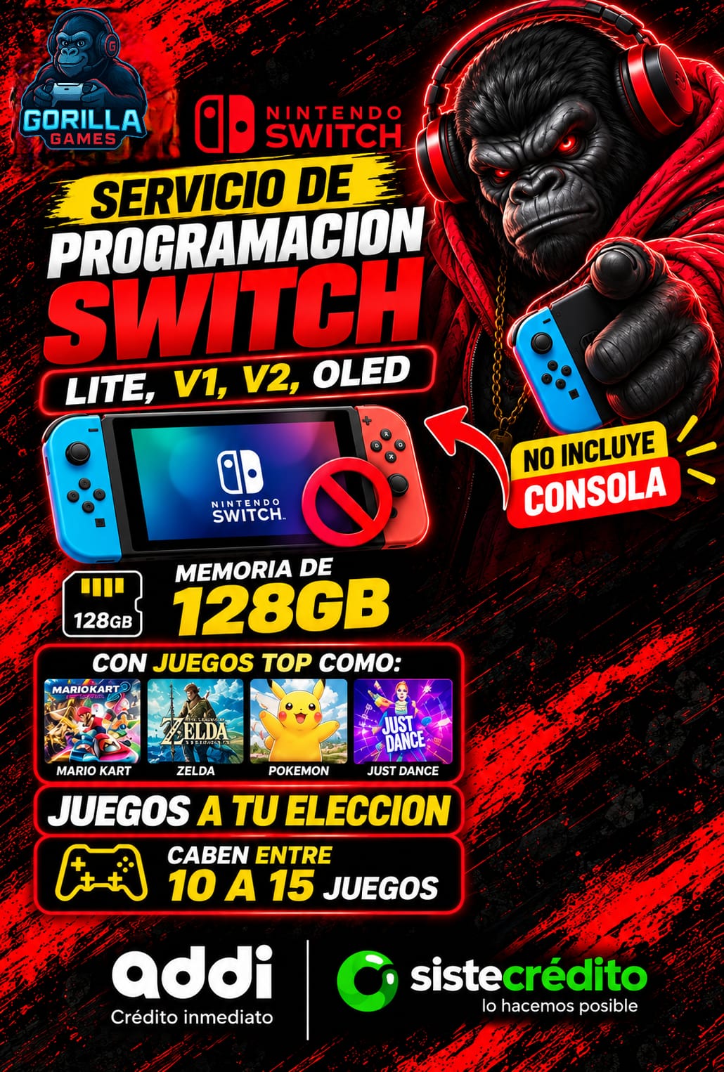 SERVICIO DE PROGRAMACIÓN NINTENDO SWITCH | LITE, V1, V2 Y OLED | 128GB ( 10 a 15 juegos) depende del peso de los juegos| SIN CONSOLA