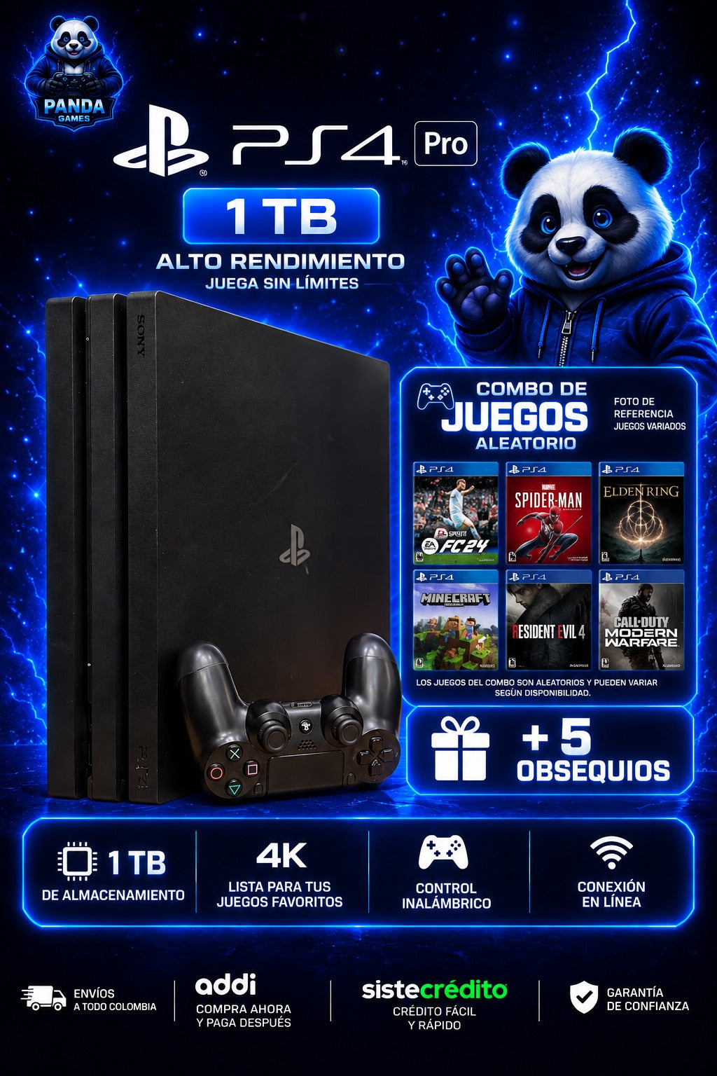 PlayStation 4 Pro 1 tera - Con combo de juegos aleatorio y 5 obsequios 🐼