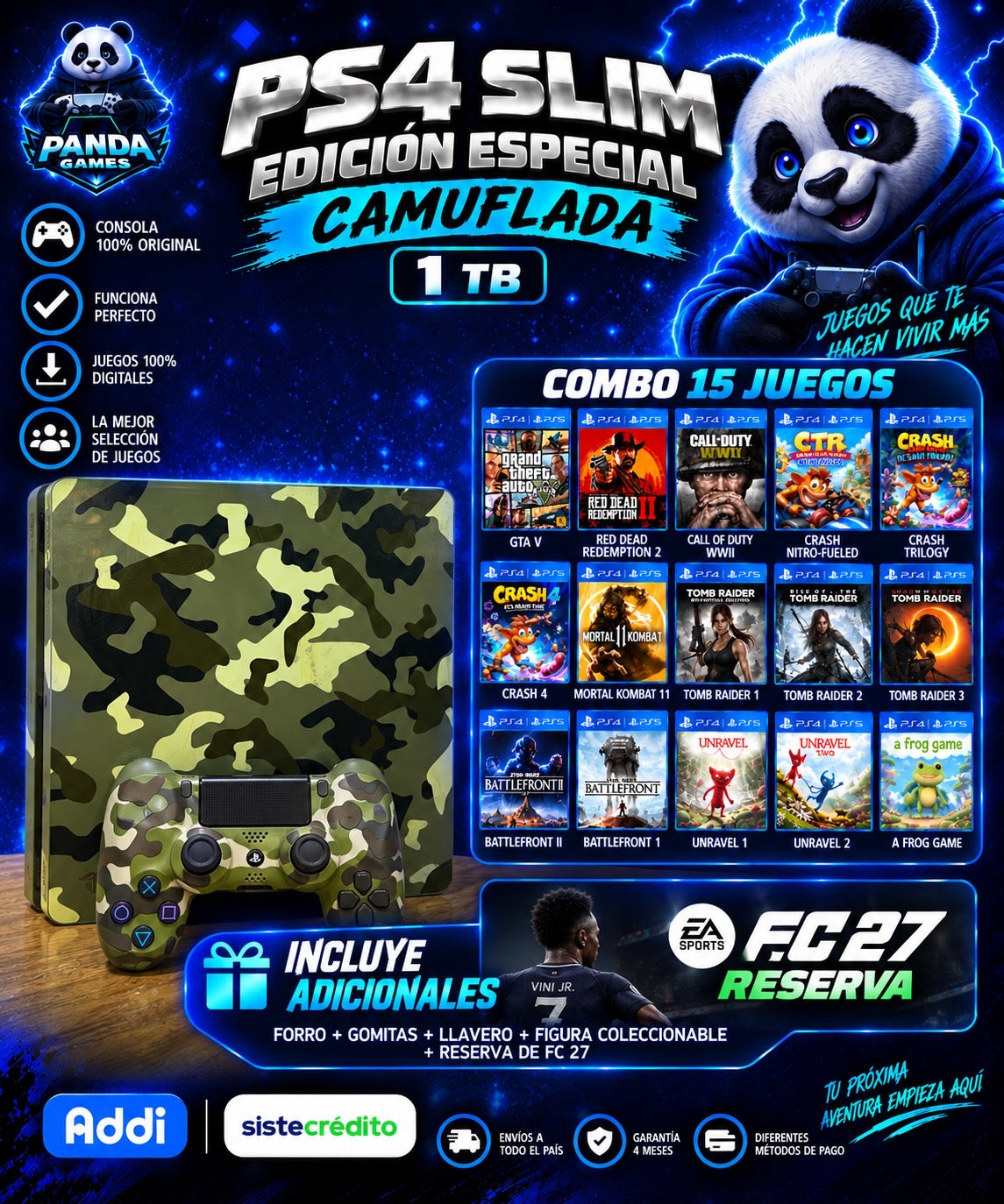 PS4 SLIM 1 TERA EDICION ESPECIAL - CAMUFLADO CON COMBO DE JUEGOS