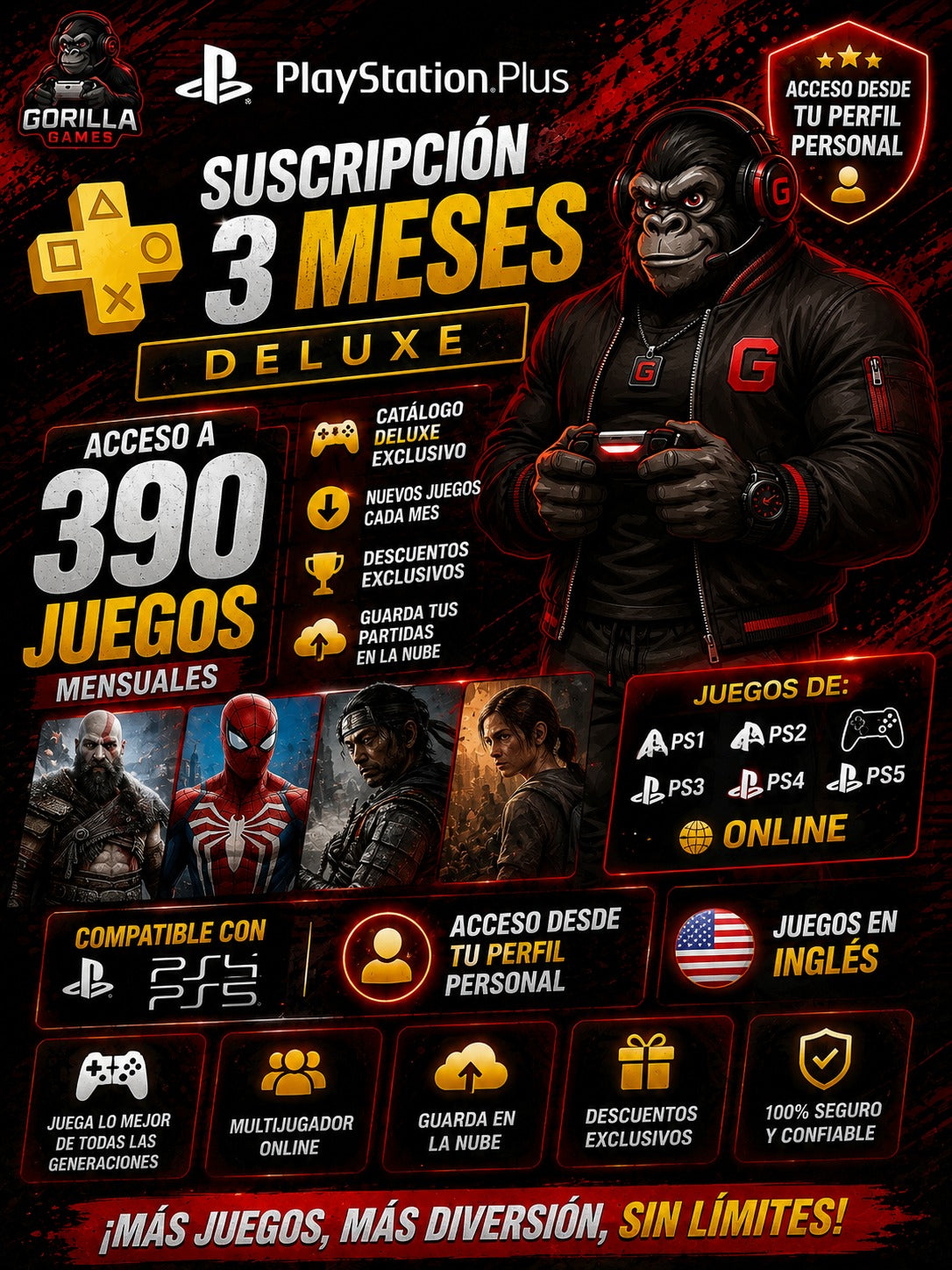 GG PlayStation Plus 3 meses Deluxe -390 Juegos + Online | PS4 y Ps5