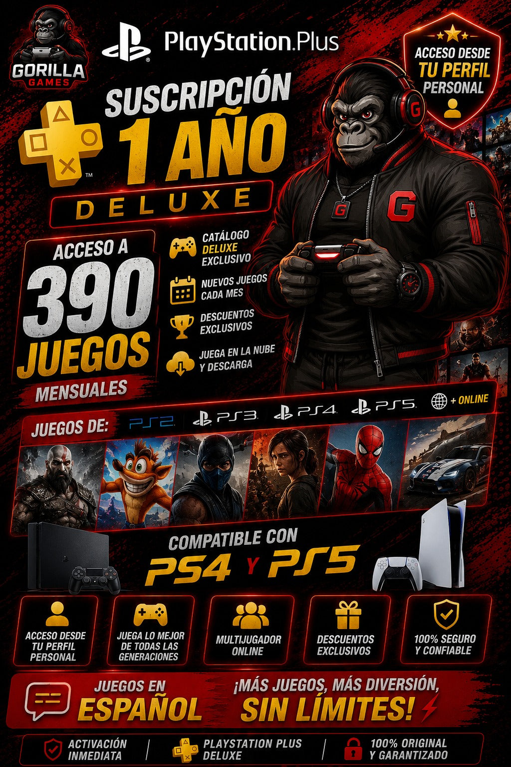 Playstation Plus 1 Año Deluxe-390 Juegos + Online| PS4 y PS5 Juegos Español