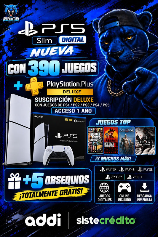 PS5 SLIM DIGITAL NUEVA + 390 JUEGOS Plus Deluxe  1 AÑO + 5 obsequios