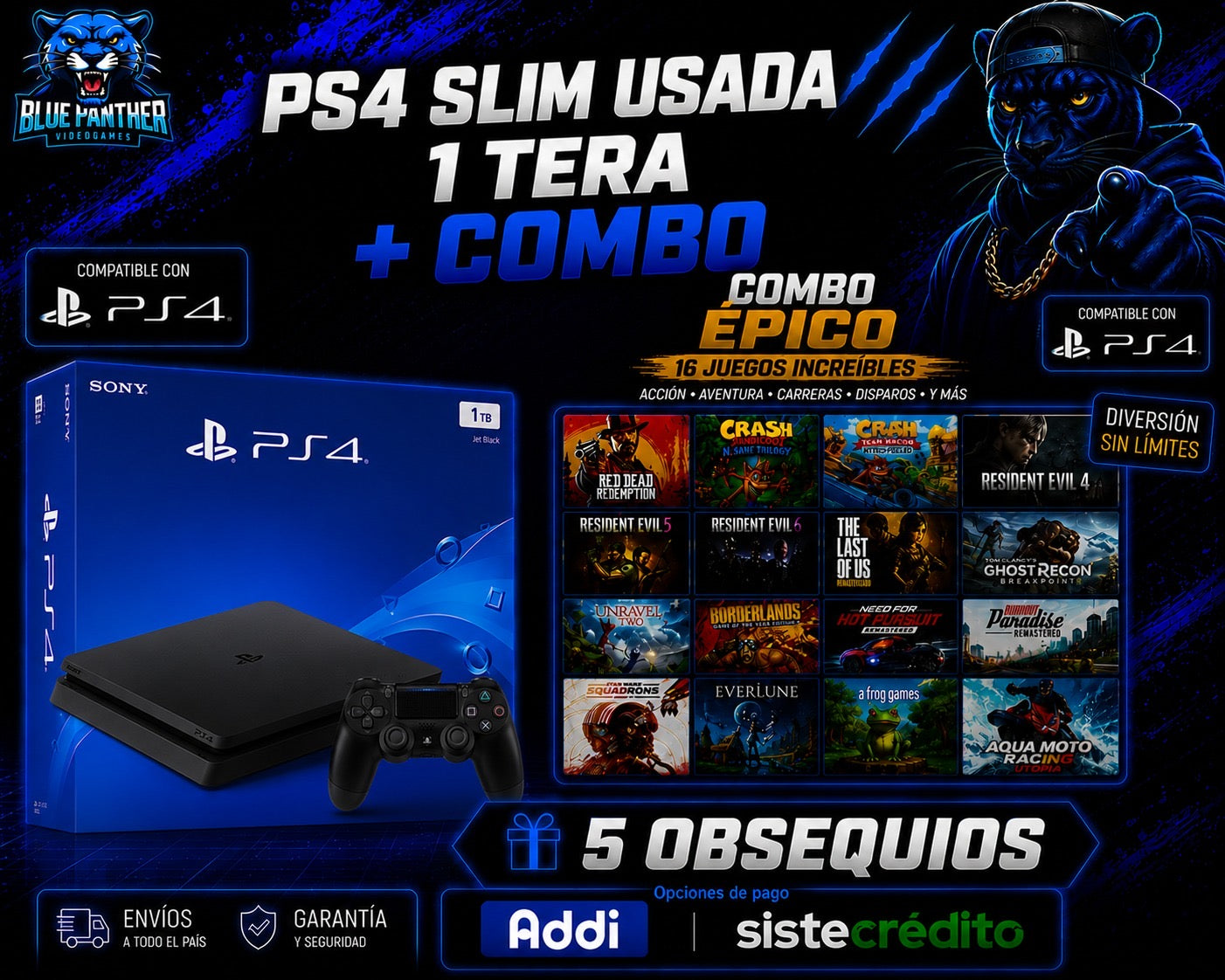 PlayStation Slim Usada 1 TB con 16 juegos y 5 obsequios