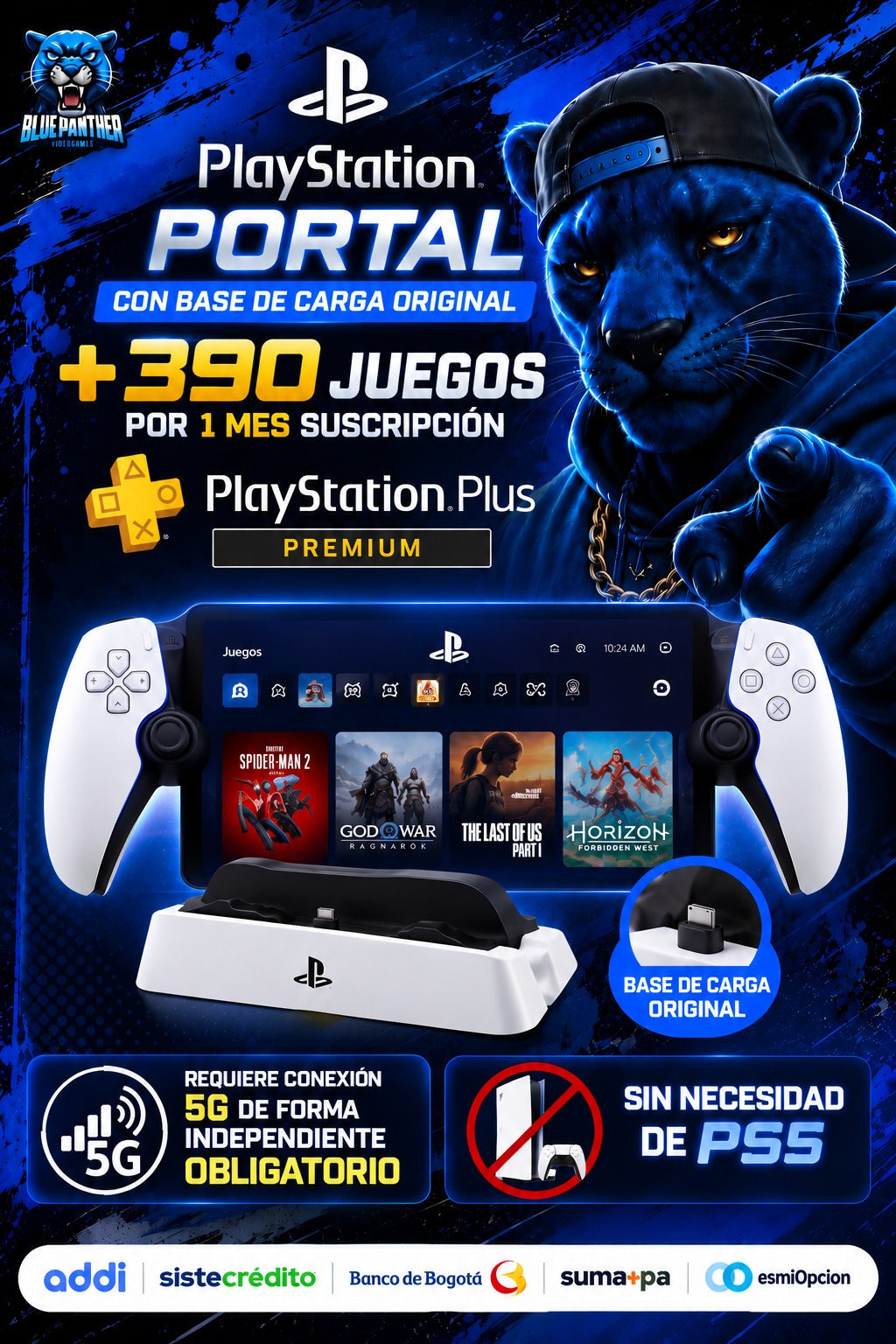 PlayStation Portal + Base de Carga Original + 390 Juegos con PlayStation Plus Premium 1 mes usada