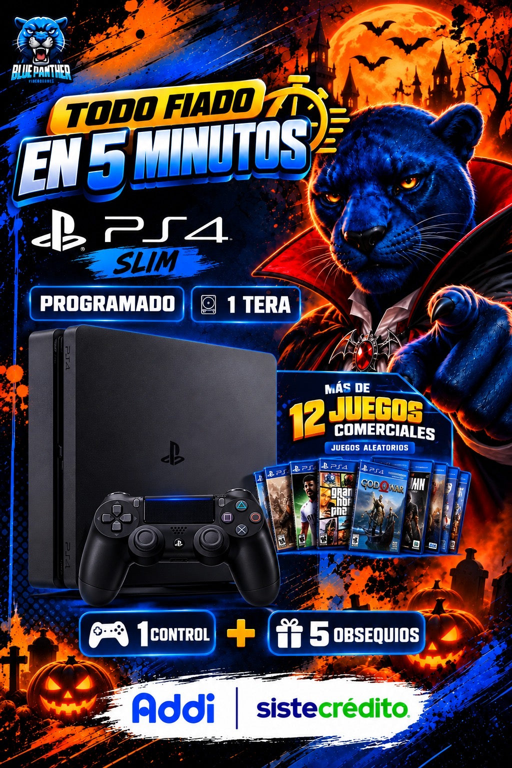 PS4 Slim 1TB Programada con 12 Juegos + 5 Obsequios