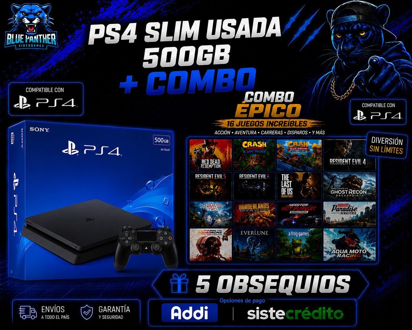 PlayStation 4 Slim Usada 500GB con combo de 16 juegos y 5 obsequios