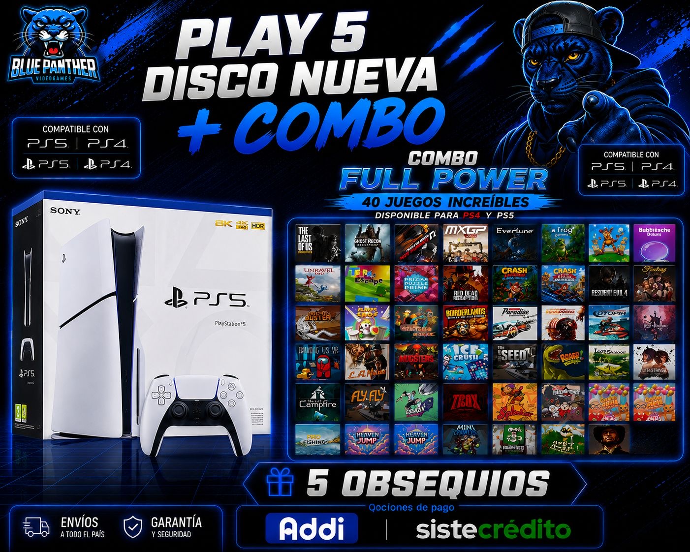 PlayStation 5 Disco - Nueva Sellada con 40 juegos y 5 obsequios