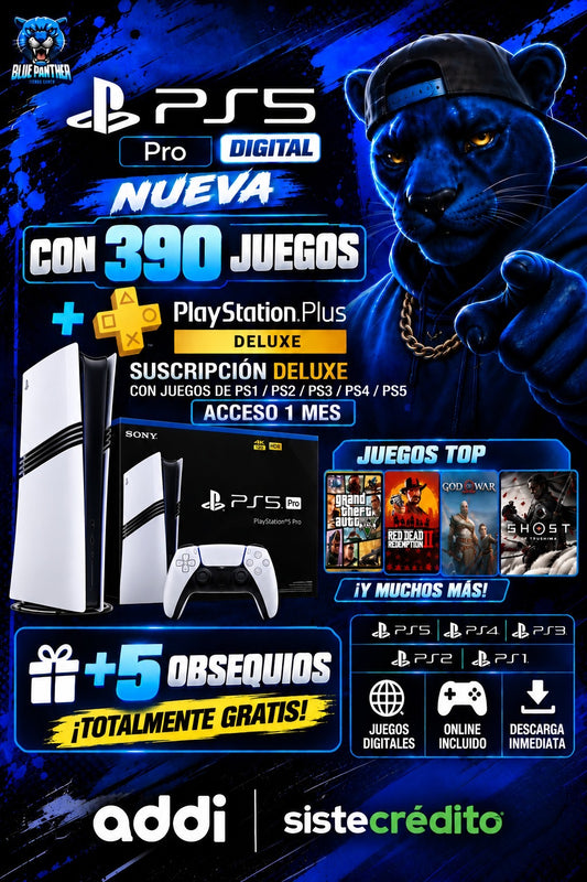 PS5 PRO DIGITAL NUEVA + 390 Juegos PS Plus Deluxe 1 MES + 5 Obsequios