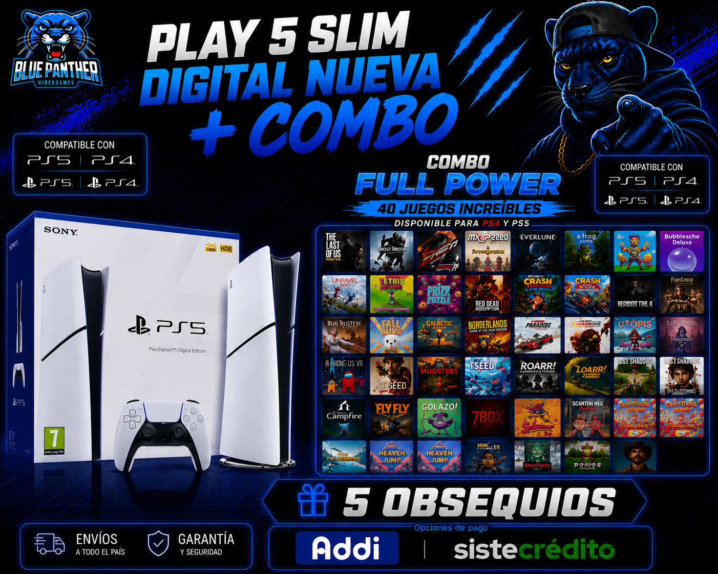 PlayStation 5 Slim Digital Nueva - Sellada con 40 juegos y 5 obsequios