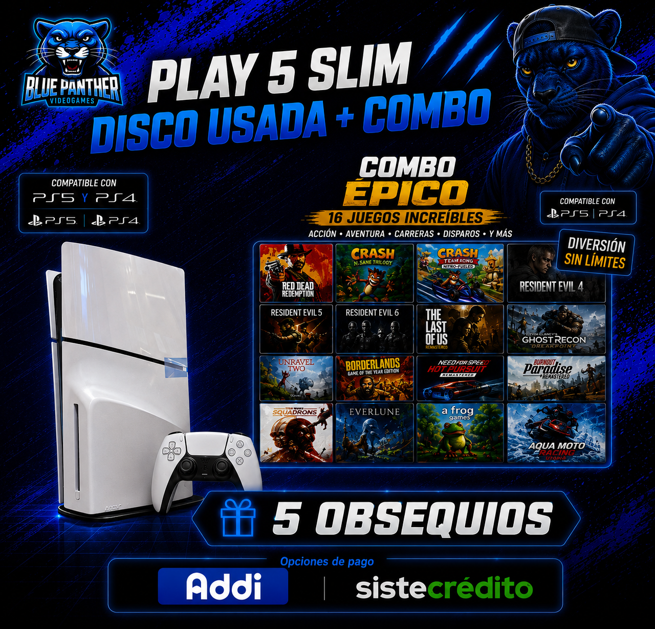 PlayStation 5 Slim Disco Usada con 16 juegos y 5 obsequios