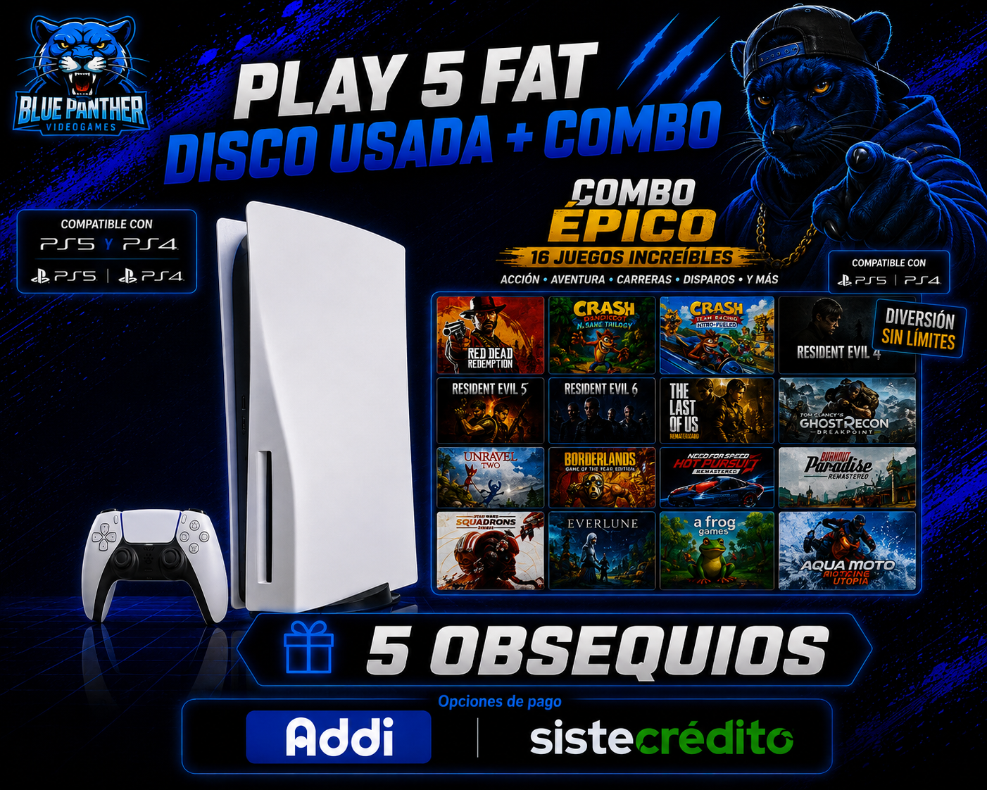 PlayStation 5 Fat Disco Usado con 16 juegos y 5 Obsequios