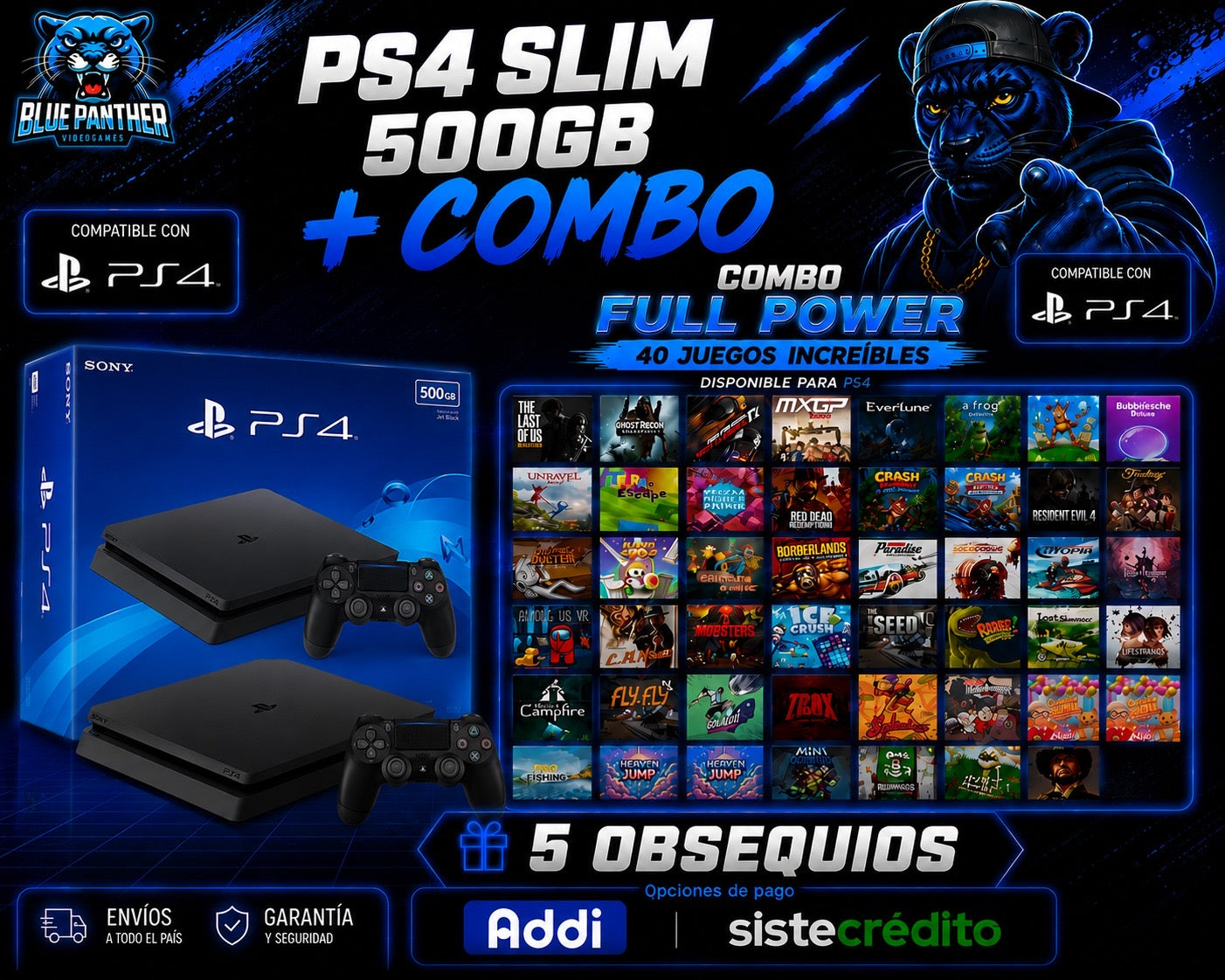 PlayStation 4 Slim 500GB con combo 40 juegos y 5 obsequios- usada