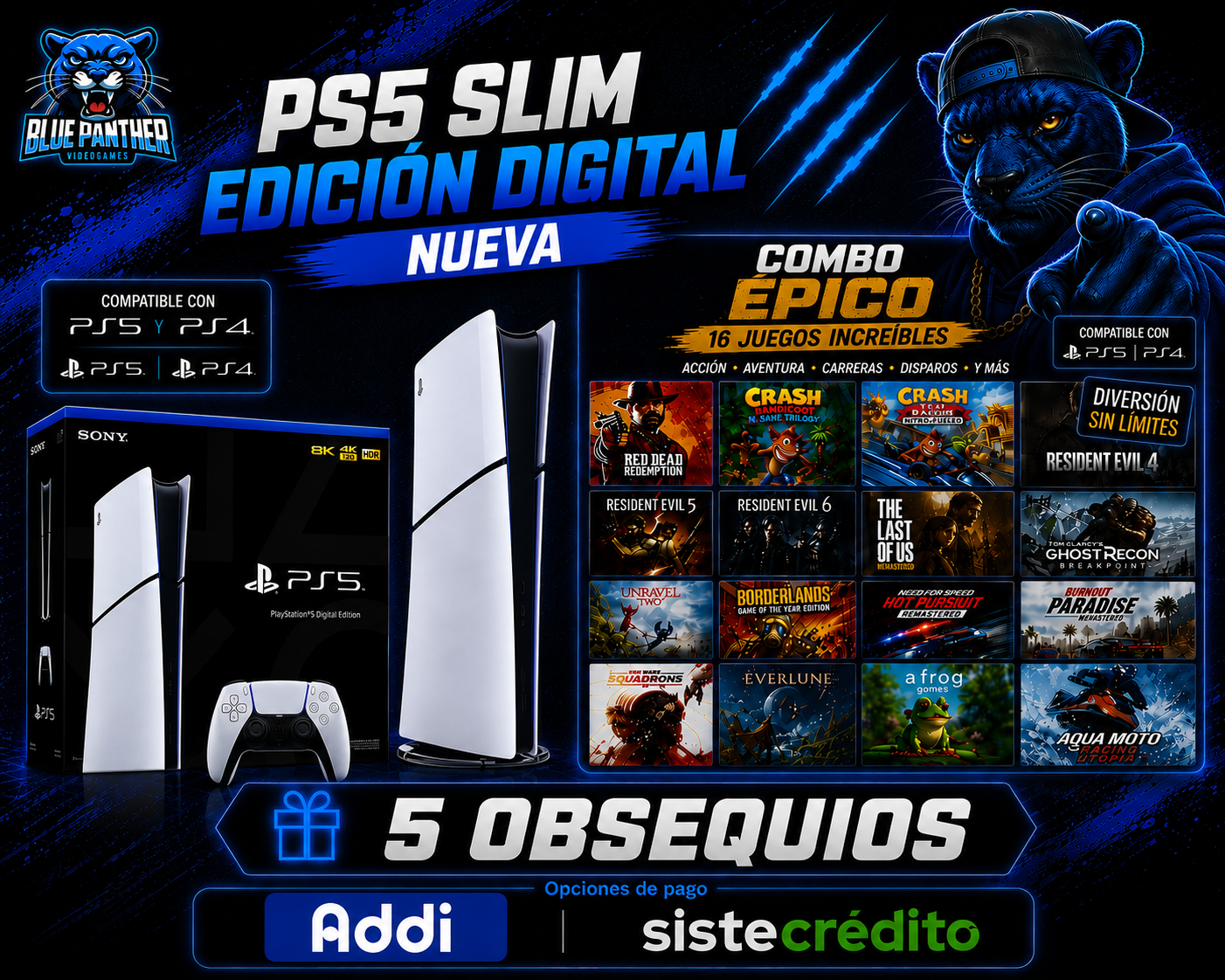 PlayStation 5 Slim Digital - Nueva Sellada con 16 juegos y 5 obsequios