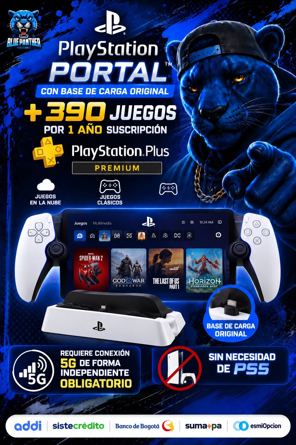 PlayStation Portal + Base de Carga Original + 390 Juegos  con PlayStation Plus Premium 1 Año usada