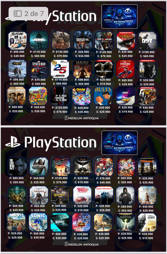 Catálogo juegos digitales ( P- Cuenta principal, S - Cuenta Secundaria) valores varía según título.
