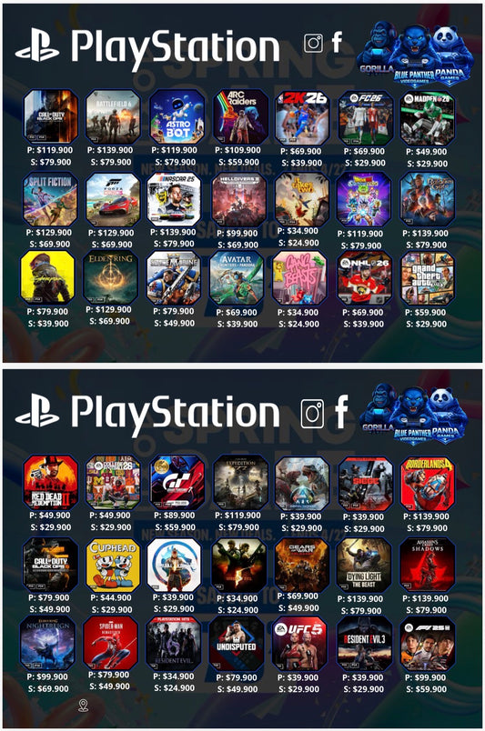 Catálogo juegos digitales ( P- Cuenta principal, S - Cuenta Secundaria) valores varía según título. Hasta el 8 abril