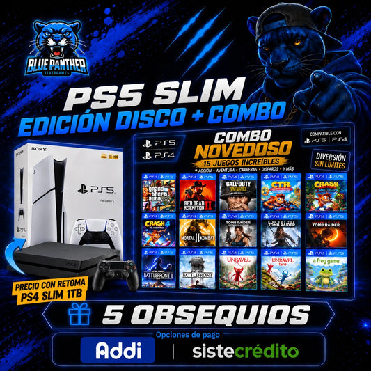 PS5 Slim Edición Disco + Combo 15 Juegos + 5 Obsequios | Precio con Retoma de PS4 Slim 1TB