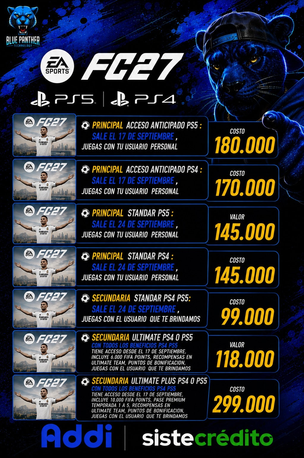 EA SPORTS FC 27 – PS5 Y PS4  Digital (Desde $99.000) Validar valores en la imagen de cada versión