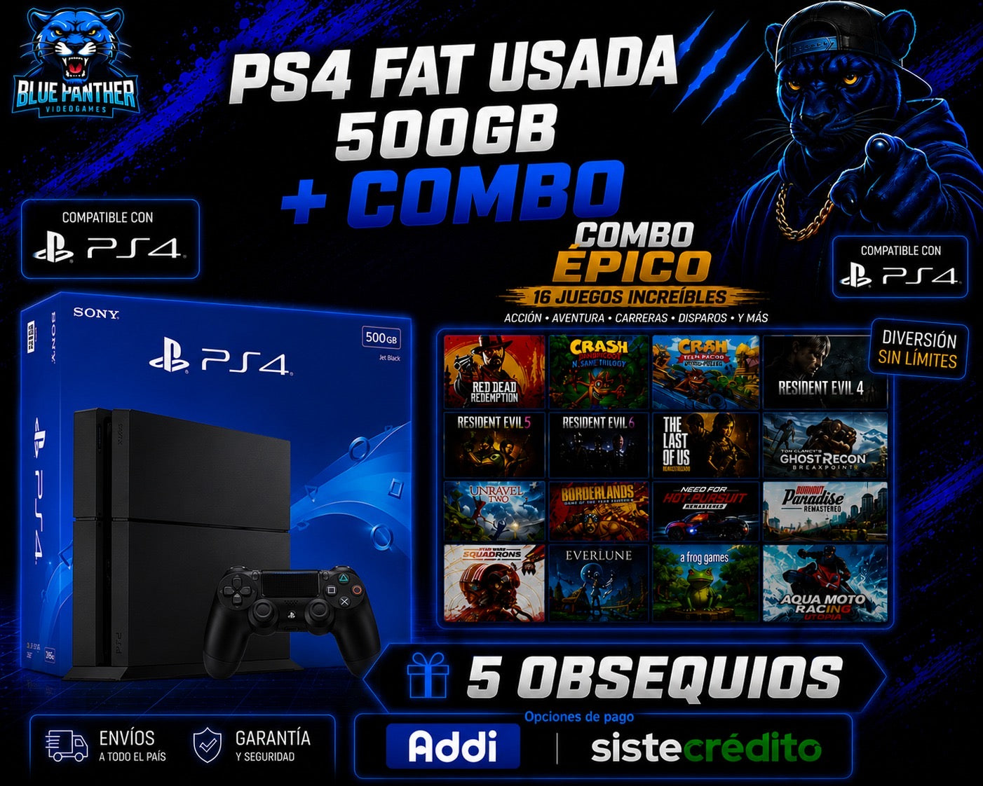 PlayStation 4 Fat Usada 500 GB con combo de 16 juegos y 5 obsequios