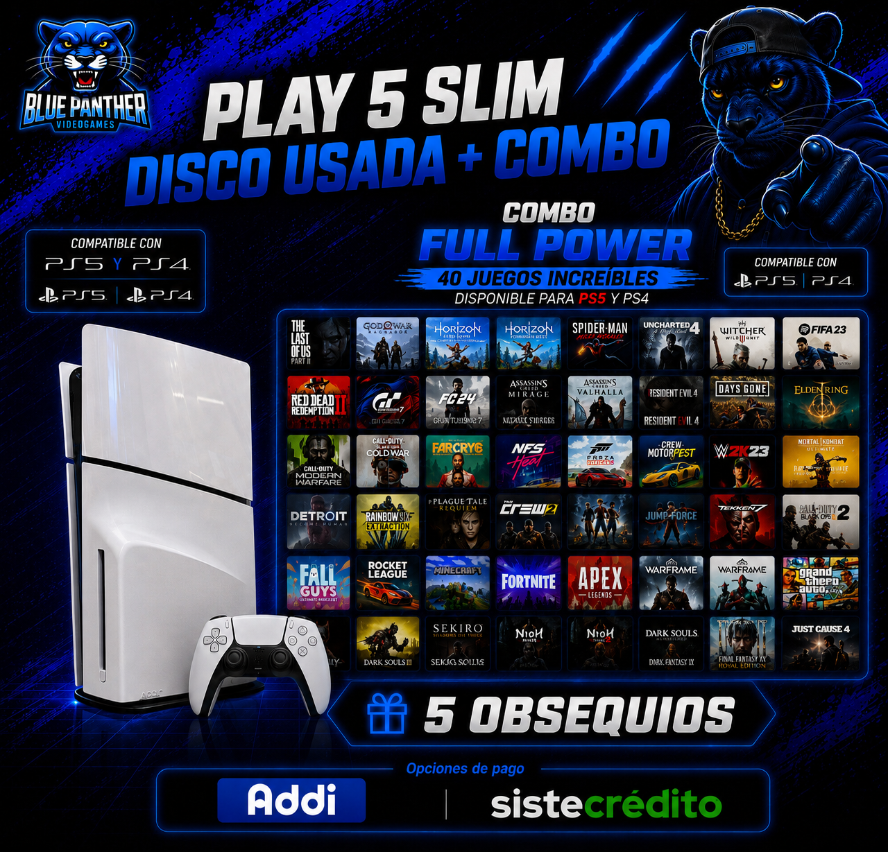 PlayStation 5 Slim Disco Usado con 40 juegos y 5 obsequios