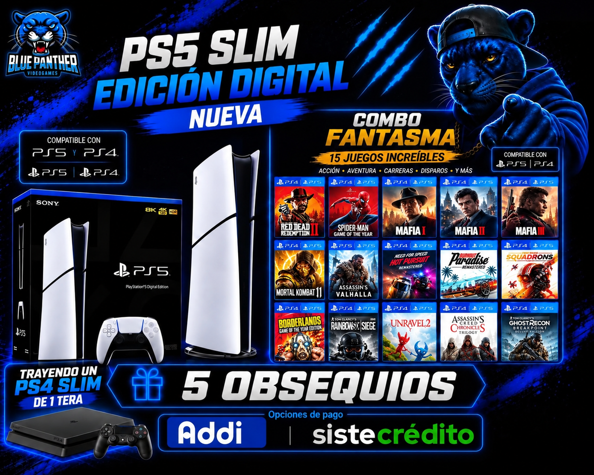 PS5 Slim Digital NUEVA + 15 Juegos + 5 Obsequios | PRECIO CON RETOMA: Entregas tu PS4 de 1 TB + Pagas $2.010.000
