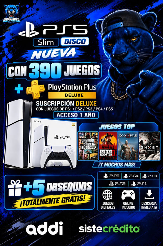 PS5 SLIM DISCO NUEVA + 390 JUEGOS Plus  Deluxe  1 AÑO + 5 obsequios