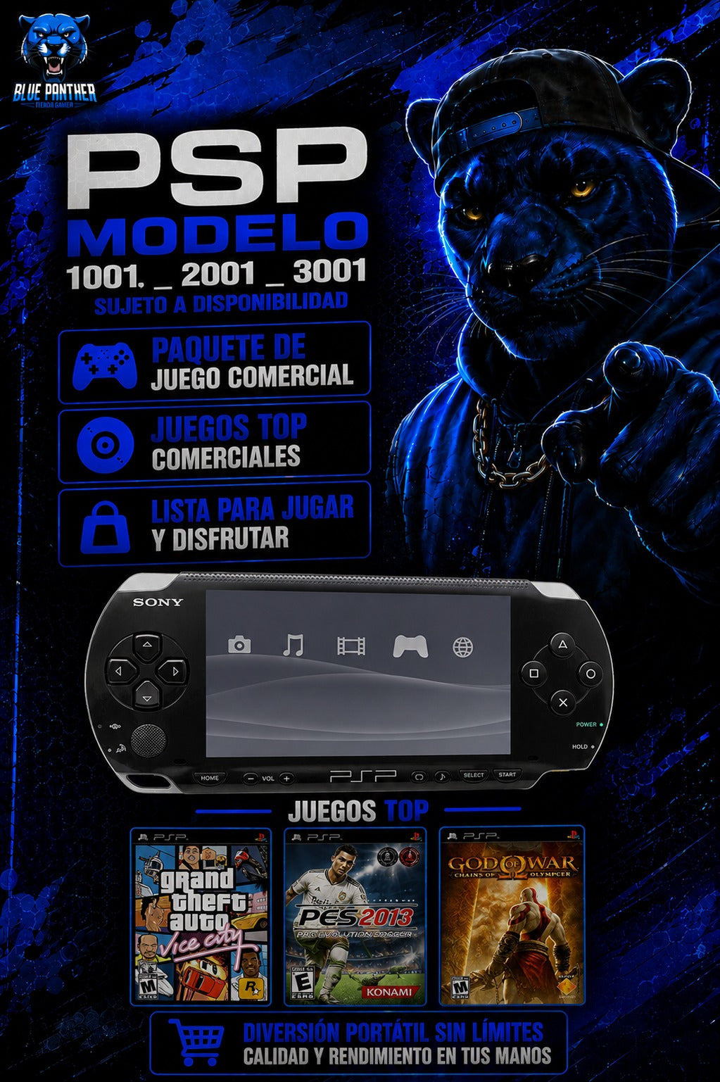 PSP Modelo 1001-2001-3001 usado con juegos ( Paquete comercial)