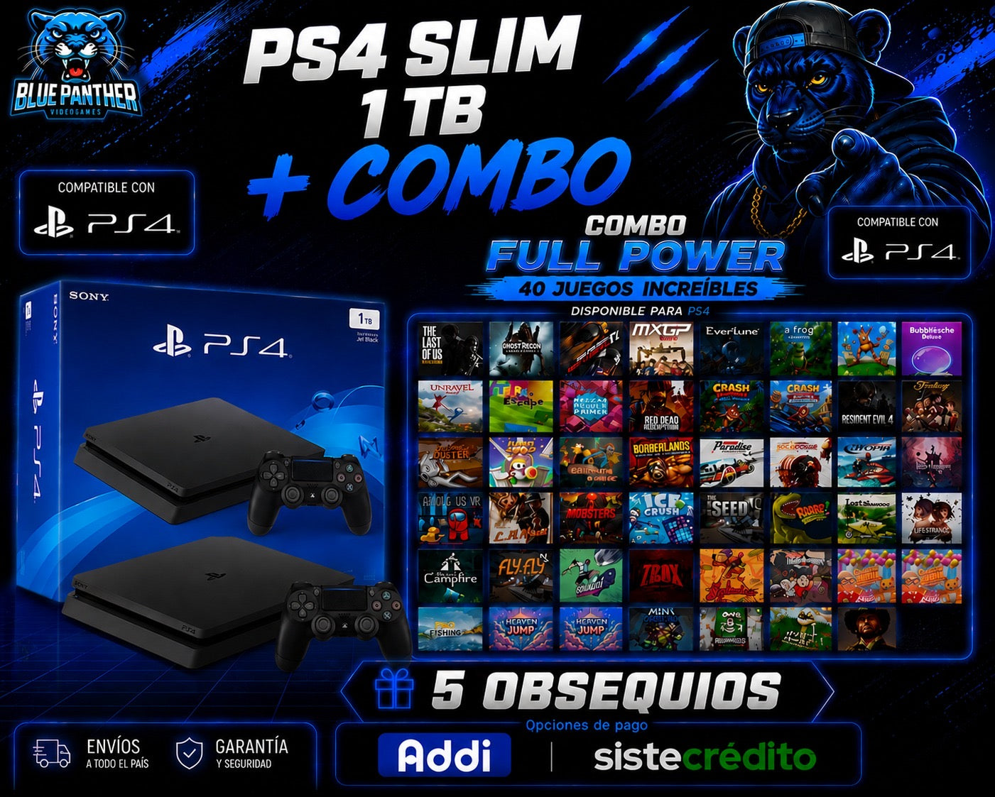 PlayStation 4 Slim 1 TB con combo 40 juegos y 5 obsequios