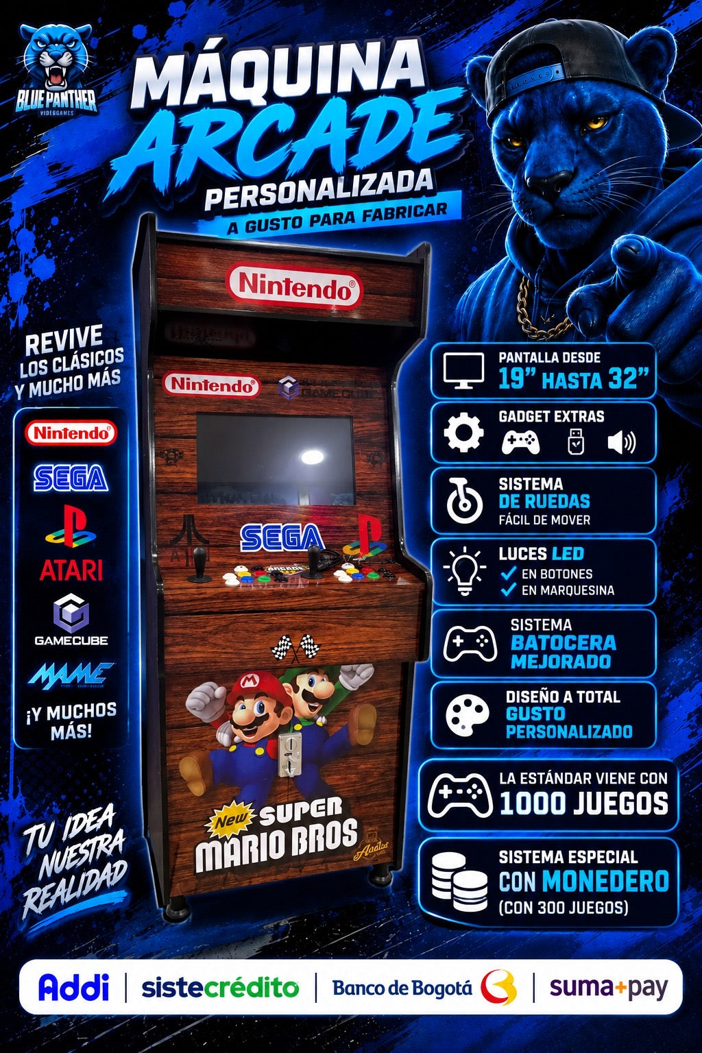 Máquina Arcade Personalizada – Diseño a Medida | Blue Panther Videogames
(Bajo Pedido a gusto)20 Dias Para Fabricarse( desde 2.000.000)