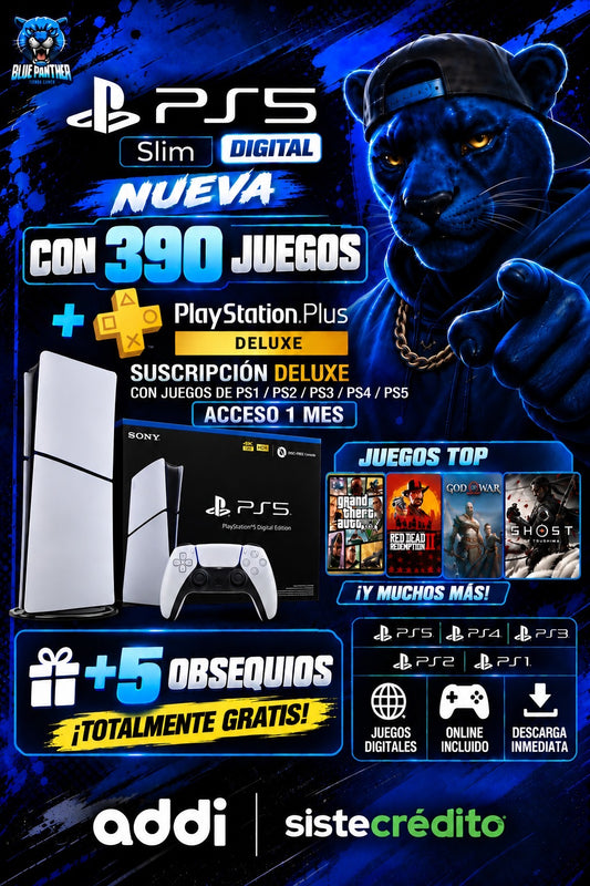 PS5 Slim Digital Nueva + 390 juegos Plus Deluxe por 1 mes + 5 obsequios