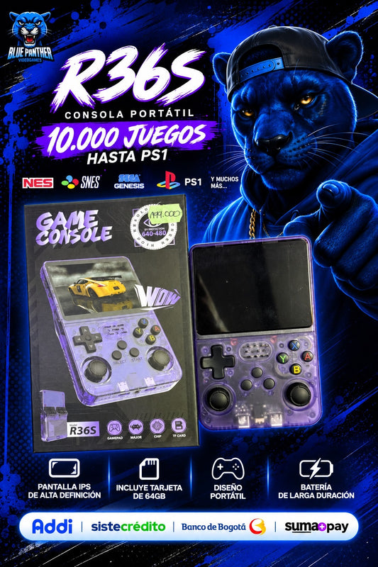 R36S Morada Consola Portátil 64GB – 10.000 Juegos Retro- Emula hasta PS1