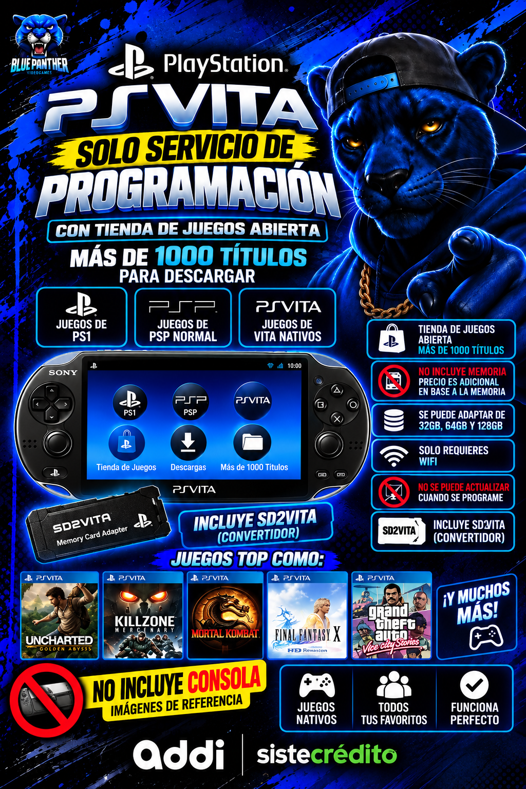 SERVICIO DE PROGRAMACIÓN PS VITA | TIENDA CON +1.000 JUEGOS | INCLUYE SD2VITA | NO INCLUYE CONSOLA NI MEMORIA