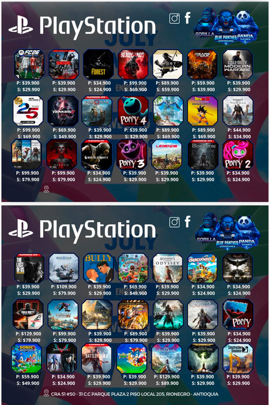 Catálogo juegos digitales ( P- Cuenta principal, S - Cuenta Secundaria) valores varía según título. Hasta el 15 julio
