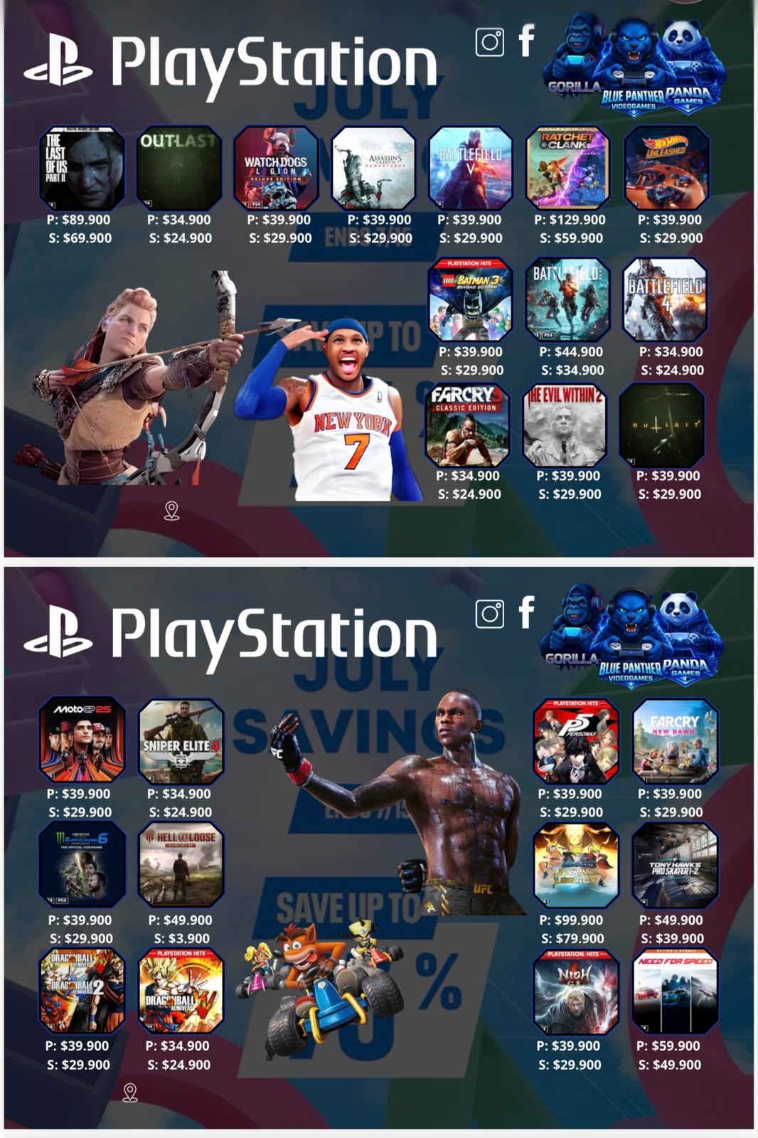 Catálogo juegos digitales ( P- Cuenta principal, S - Cuenta Secundaria) valores varía según título. Hasta el 15 julio