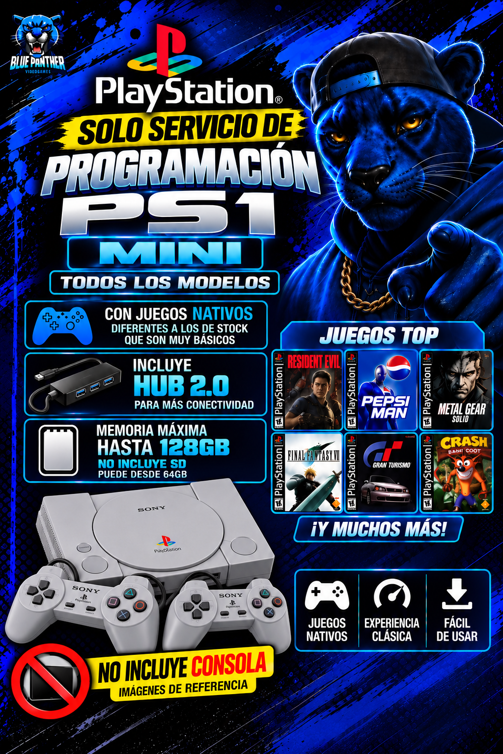SERVICIO DE PROGRAMACIÓN PS1 MINI | JUEGOS NATIVOS + HUB 2.0 | NO INCLUYE CONSOLA NI MEMORIA SD