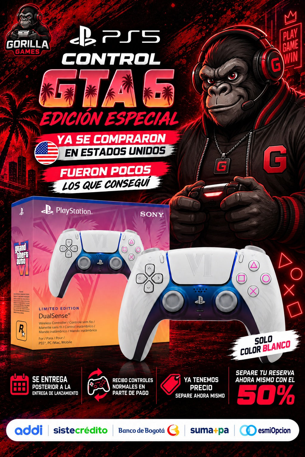Reserva - Control PS5 DualSense GTA VI Edición Especial – Color Blanco ( más información leer descripción)