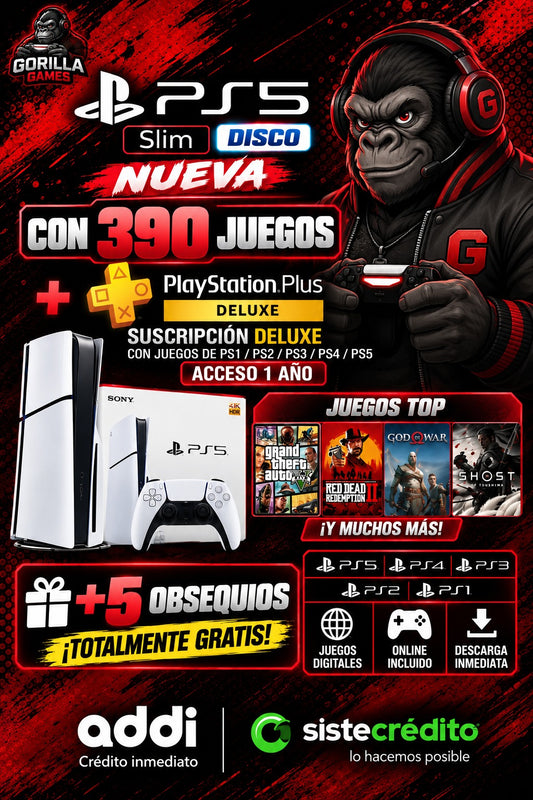 PS5 SLIM DISCO NUEVA + 390 JUEGOS Plus Deluxe 1 AÑO + 5 obsequios