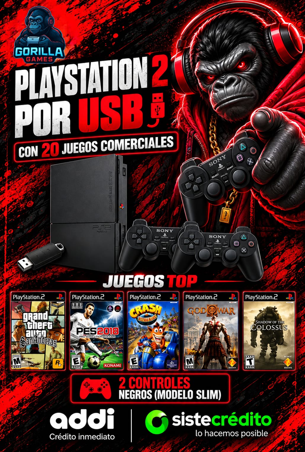 PlayStation 2 Slim Por Usb con 20 juegos - Usada