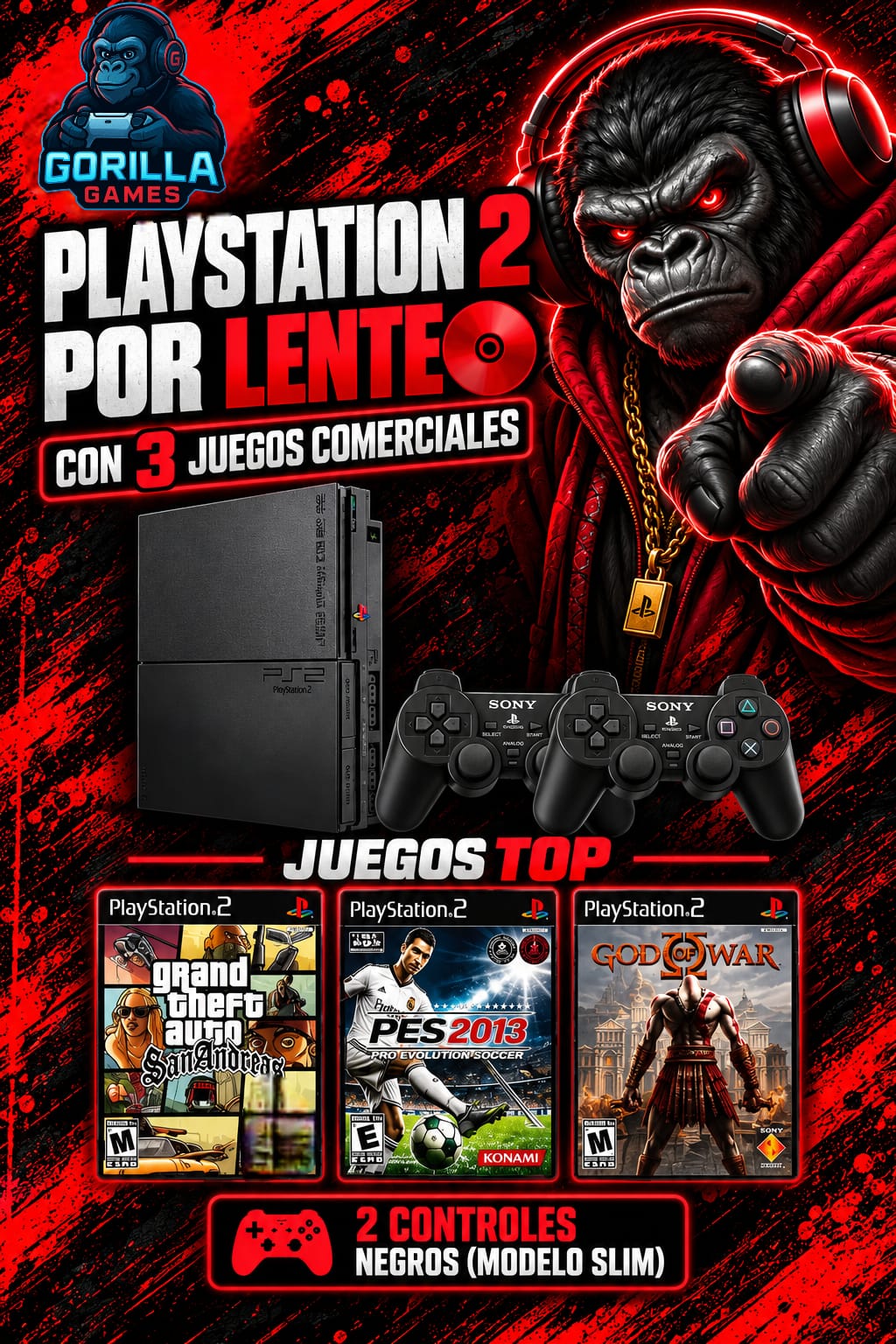 PlayStation 2 slim Leyendo Por Lente con 3 juegos en Disco
