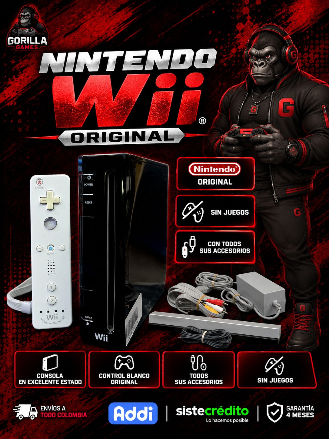 Nintendo Wii original cables y control