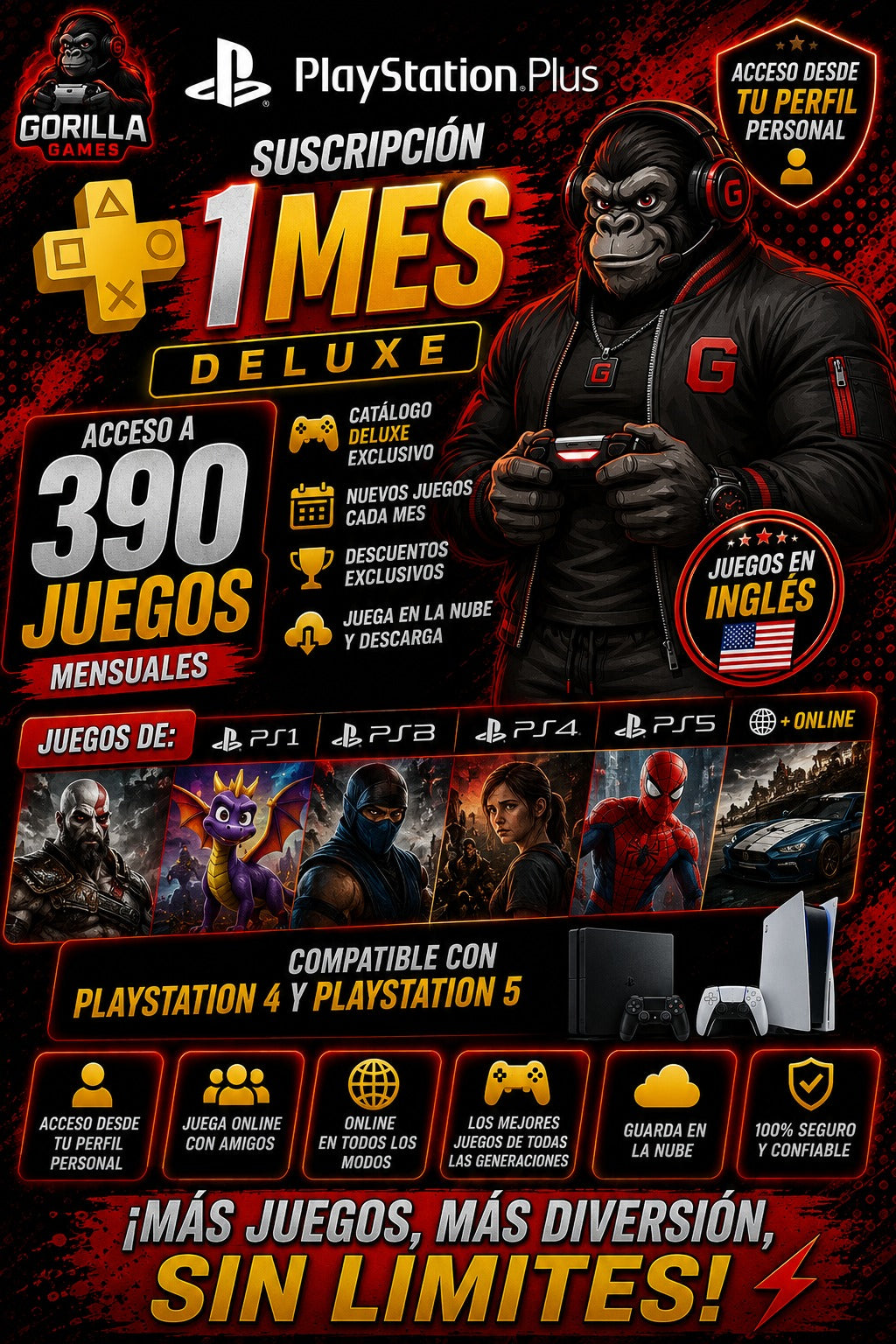 PlayStation Plus 1 Mes Deluxe 390 Juegos + Online | PS4 y PS5 Juegos Inglés