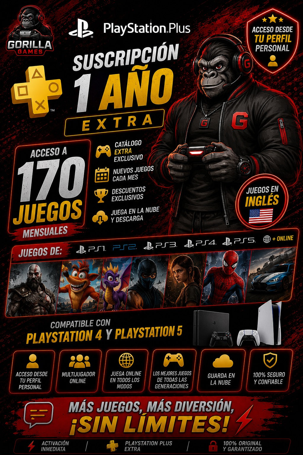 Playstation Plus 1 año Extra Online PS4/PS5 Juegos Inglés