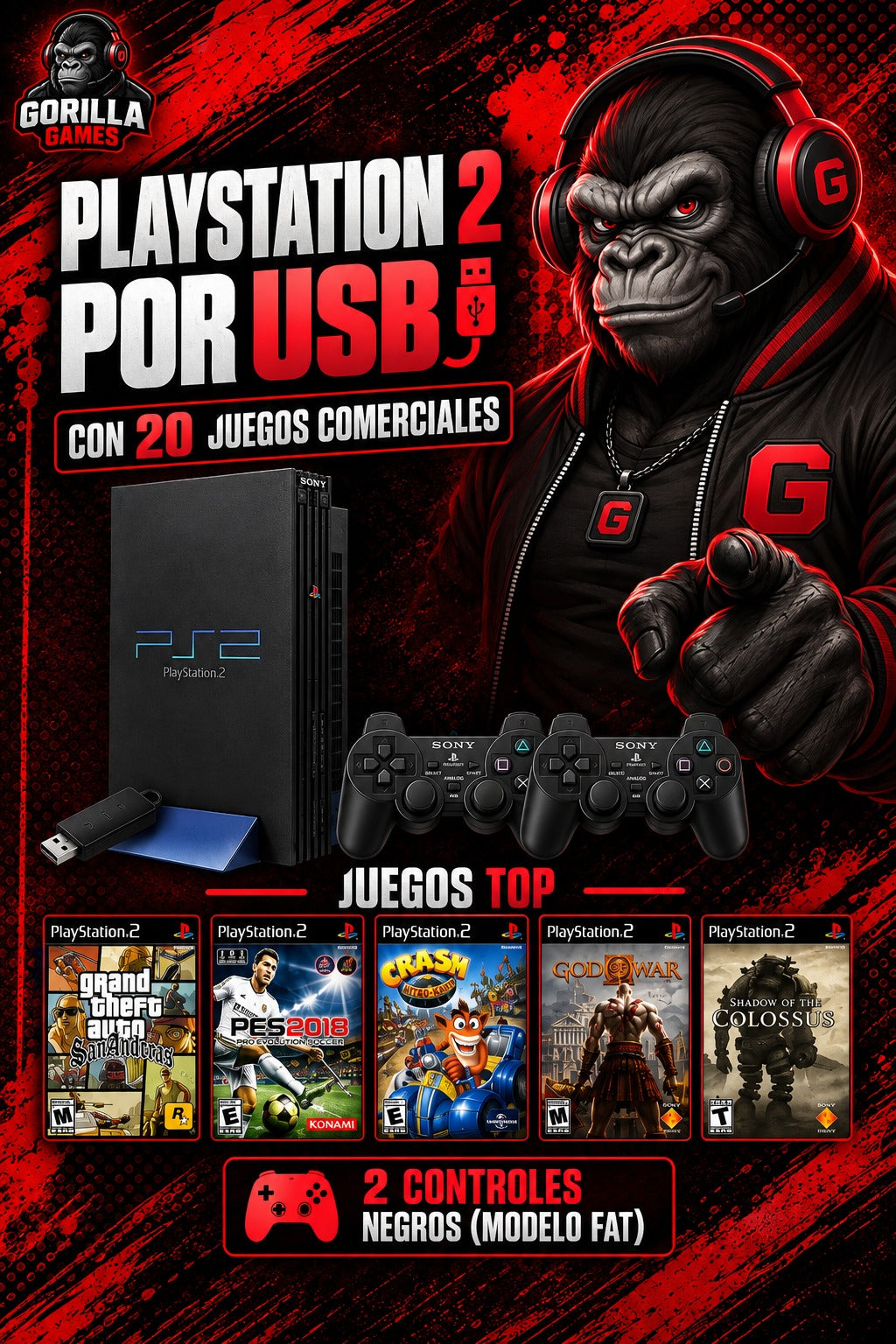 PlayStation 2  por USB con 20 juegos comerciales